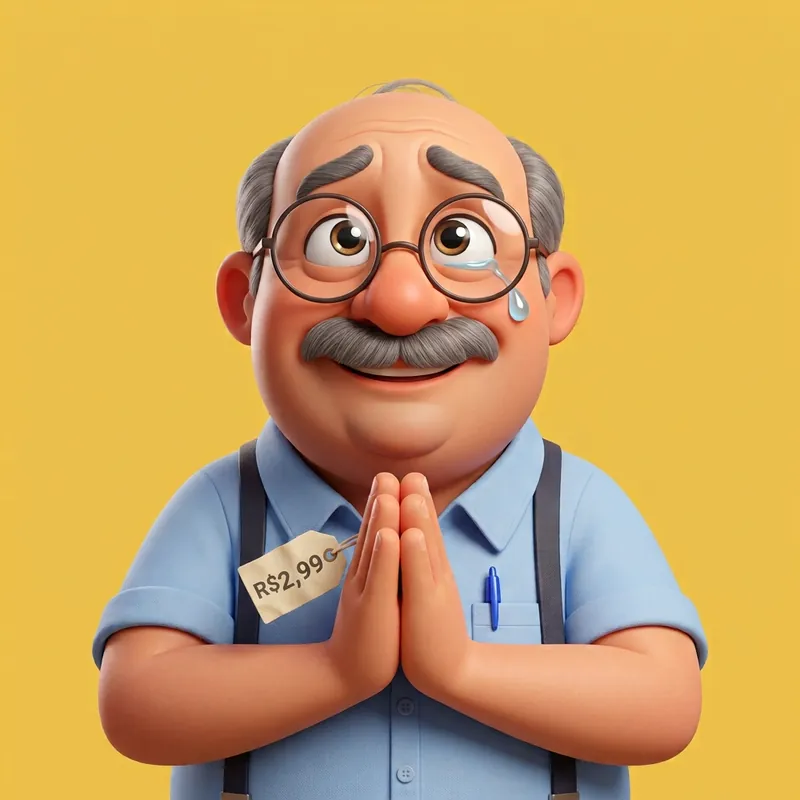 Seu Chorinho, um senhor simpático de óculos e bigode, pedindo um descontinho